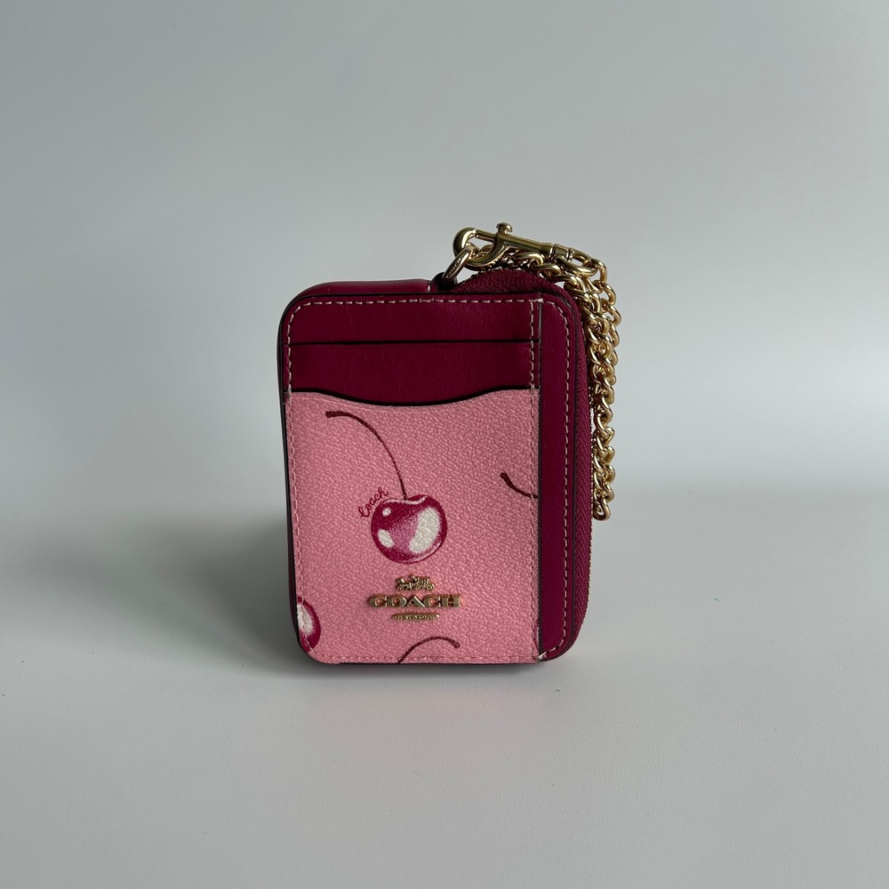 Coach Zip Card Case With Cherry Print Pink Leather Wallet CH490